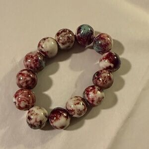 Tibetan Large "Heavenly Eye" Dzi Ceramic Bead Stretch Bracelet (Teal,Red,Brown)